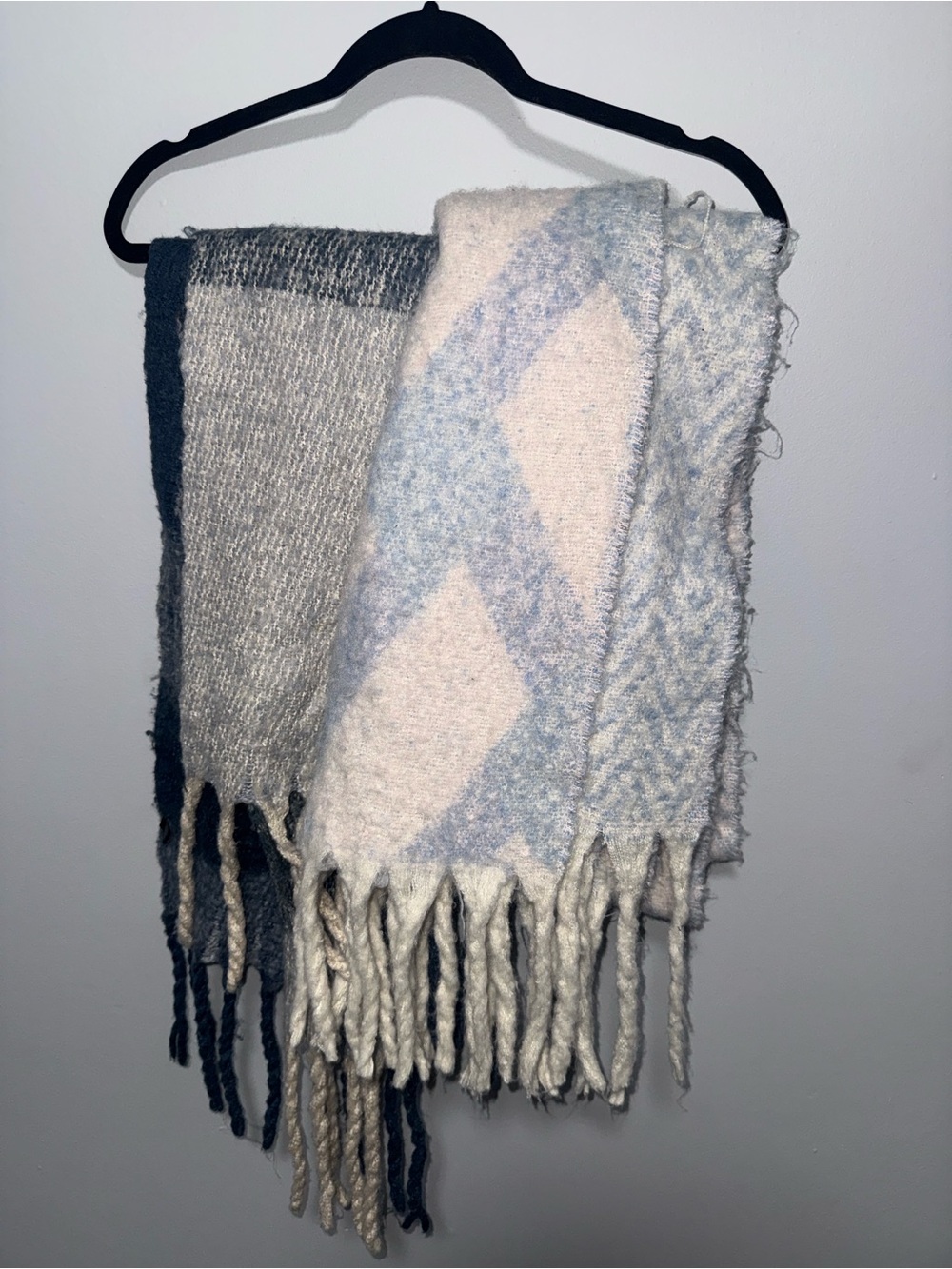 2 Scarf bundle Dark blue scarf and Blue & white fluffy patterned oversized scarf